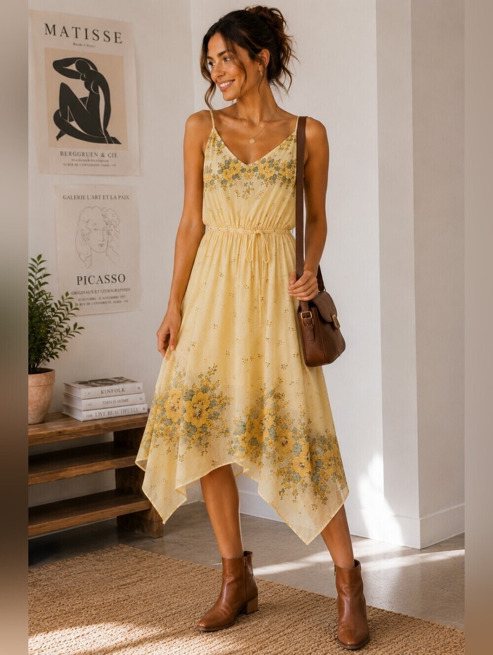 Urban Outfitters Yellow Floral Maxi Dress Large Boho Handkerchief Hem